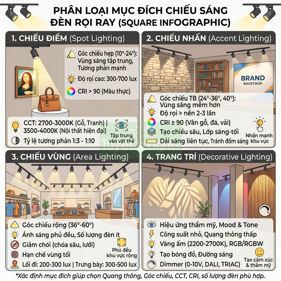 Infographic phân loại mục đích chiếu sáng đèn rọi ray cho cửa hàng và không gian nội thất