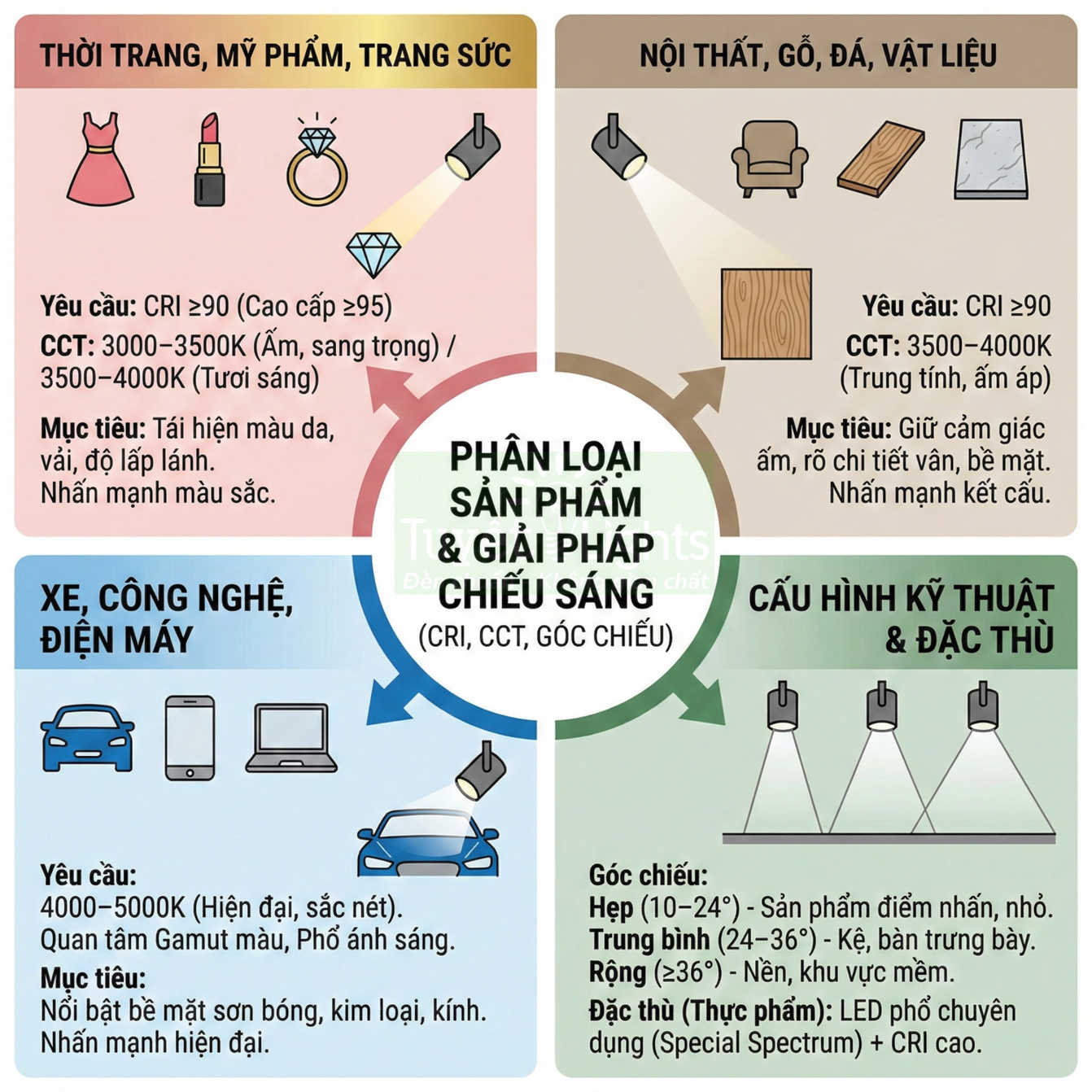 Infographic phân loại sản phẩm và giải pháp chiếu sáng cho thời trang, nội thất, xe công nghệ và cấu hình kỹ thuật