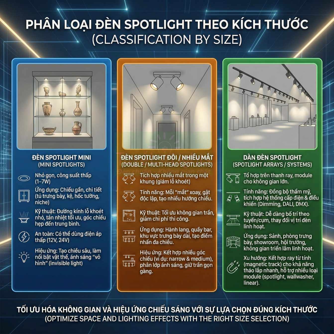 Infographic phân loại đèn spotlight mini, đèn spotlight đôi và dàn đèn spotlight theo kích thước và ứng dụng chiếu sáng
