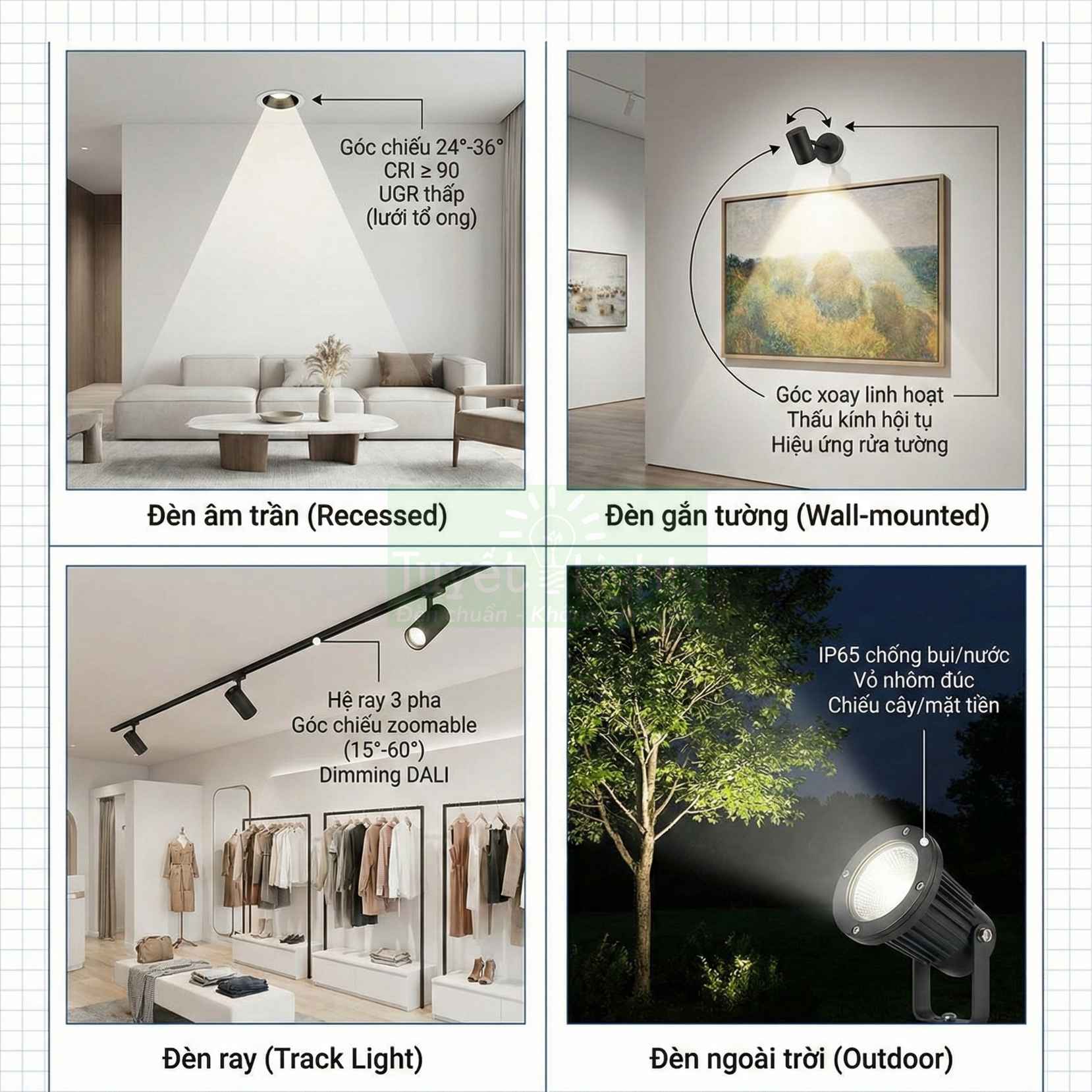 Các loại đèn LED chiếu điểm: âm trần, gắn tường, đèn ray trong nhà và đèn ngoài trời chiếu cây mặt tiền