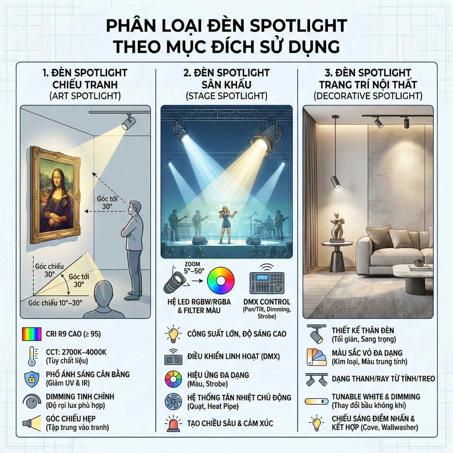 Infographic phân loại đèn spotlight chiếu tranh, sân khấu và trang trí nội thất với các tính năng nổi bật