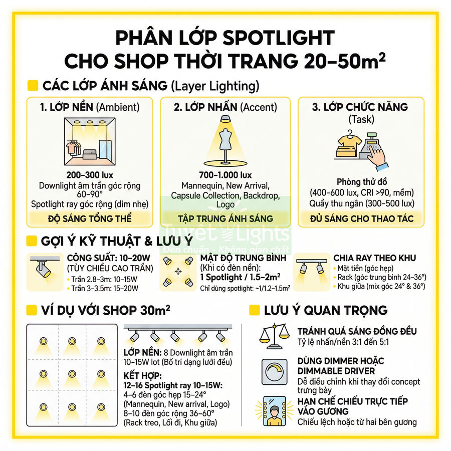Hướng dẫn phân lớp spotlight chiếu sáng cho shop thời trang 20–50m2 với các lớp nền, nhấn và chức năng
