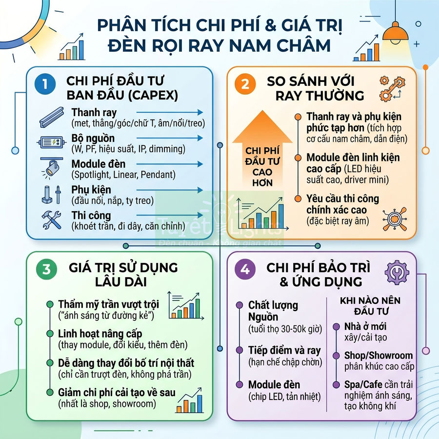 Infographic phân tích chi phí và giá trị đèn rọi ray nam châm cho nhà ở, shop, showroom, spa