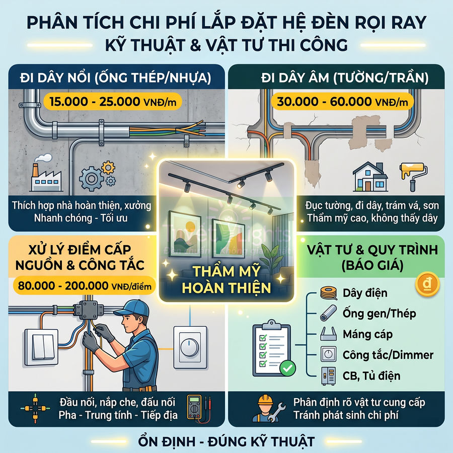 Infographic phân tích chi phí lắp đặt hệ đèn rọi ray, so sánh đi dây nổi và đi dây âm tường trần