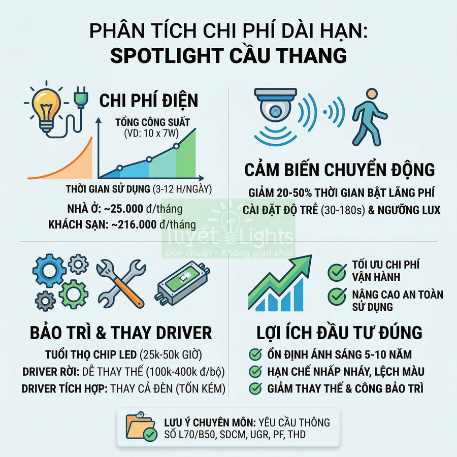 Infographic phân tích chi phí dài hạn và lợi ích sử dụng đèn spotlight cầu thang cảm biến chuyển động