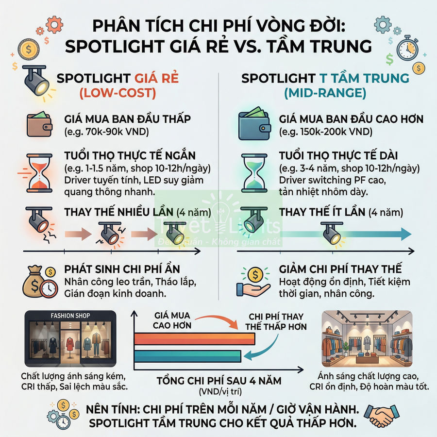 Infographic so sánh chi phí vòng đời spotlight giá rẻ và spotlight tầm trung cho cửa hàng thời trang