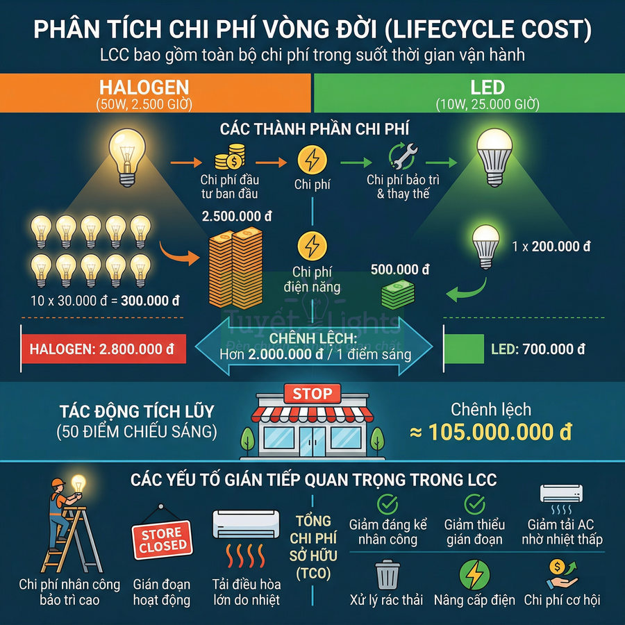 Infographic so sánh chi phí vòng đời đèn halogen 50W và đèn LED 10W, nhấn mạnh tiết kiệm điện và bảo trì