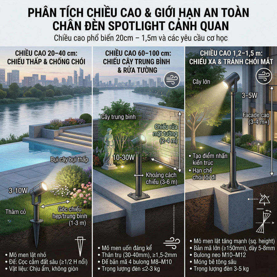Đèn spotlight cảnh quan ngoài trời chiếu sáng cây và tường với các mức chiều cao lắp đặt khác nhau