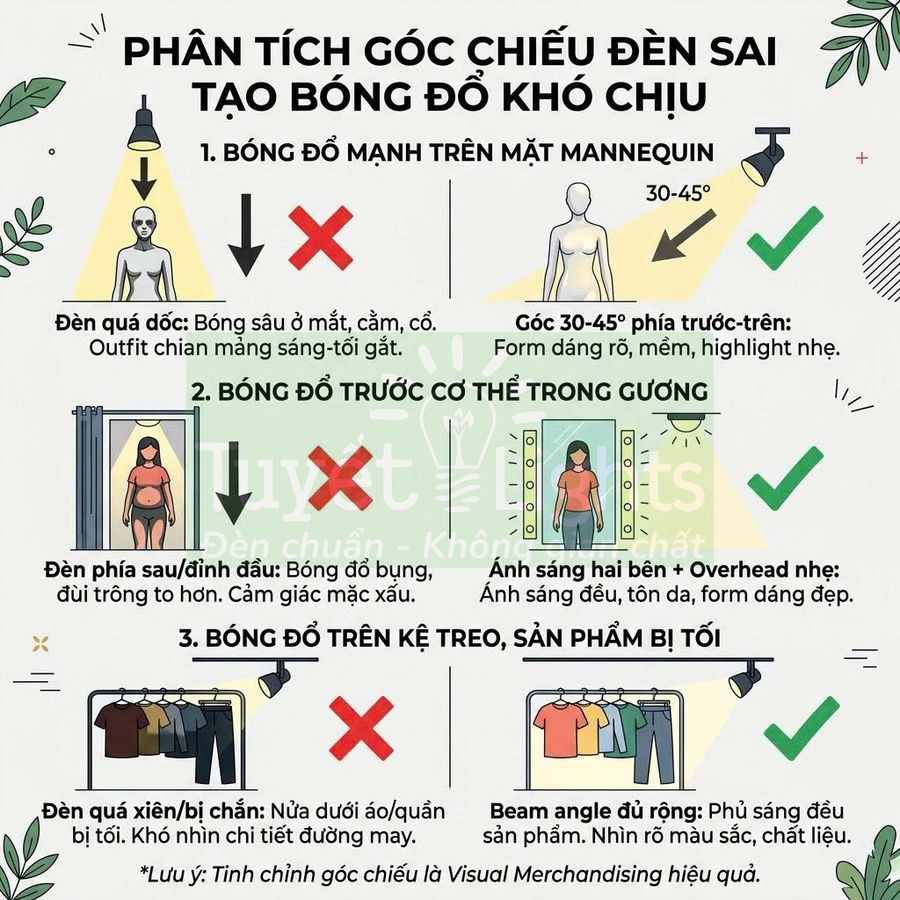 Hướng dẫn bố trí đèn chiếu cho mannequin, gương thử đồ và kệ treo quần áo để giảm bóng đổ và làm rõ sản phẩm thời trang