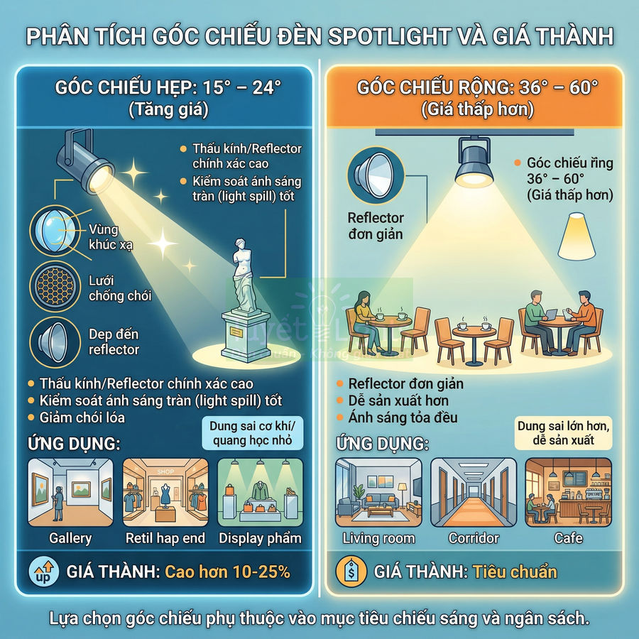Infographic so sánh góc chiếu đèn spotlight hẹp và rộng, ứng dụng chiếu sáng gallery, phòng khách, hành lang, quán cafe