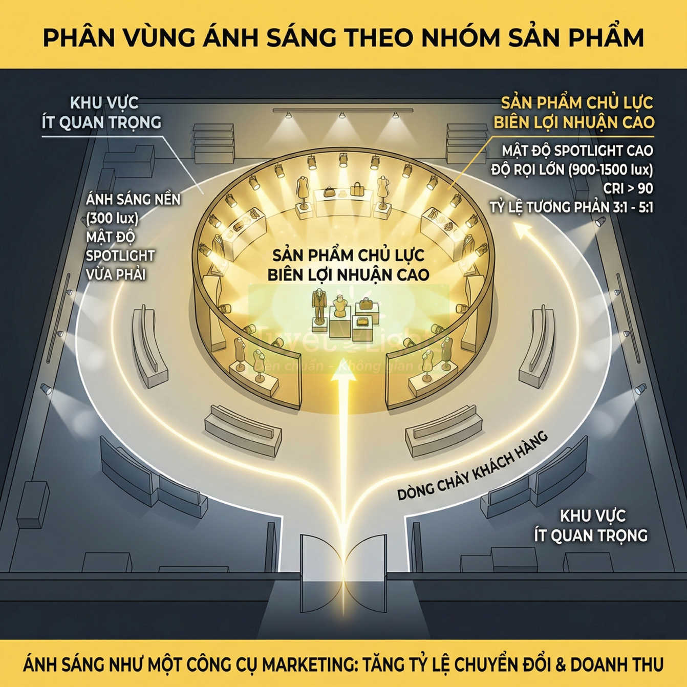 Sơ đồ bố trí ánh sáng cửa hàng, làm nổi bật khu trưng bày sản phẩm chủ lực biên lợi nhuận cao