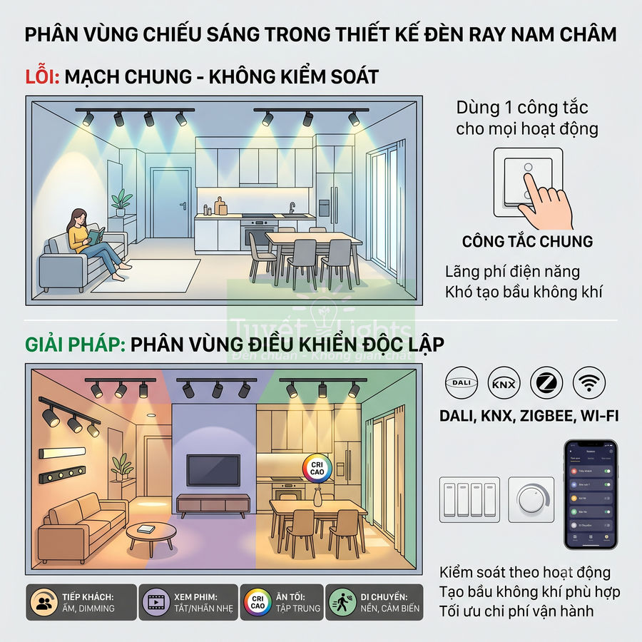 Minh họa so sánh đèn ray nam châm mạch chung và giải pháp chia vùng điều khiển độc lập bằng công tắc, cảm biến, ứng dụng