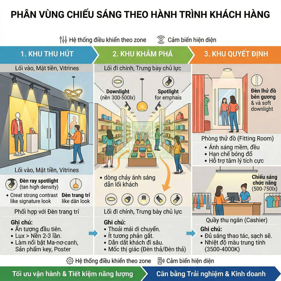 Minh họa giải pháp chiếu sáng cửa hàng bán lẻ theo hành trình khách hàng từ lối vào đến quầy thu ngân