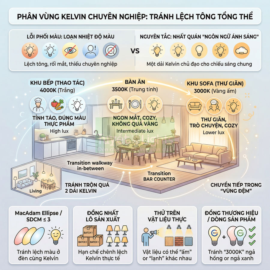 Infographic hướng dẫn chọn nhiệt độ màu Kelvin cho đèn chiếu sáng phòng bếp, bàn ăn và khu sofa trong nhà