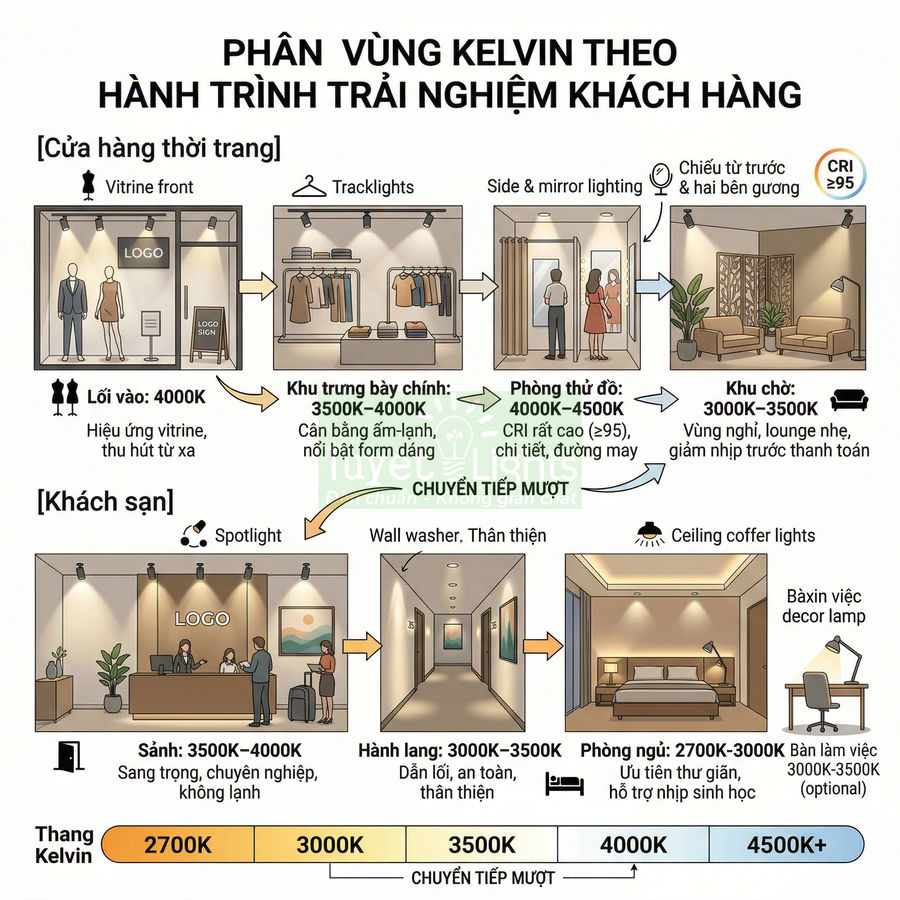 Sơ đồ phân vùng nhiệt độ màu Kelvin cho cửa hàng thời trang và khách sạn theo hành trình trải nghiệm khách hàng