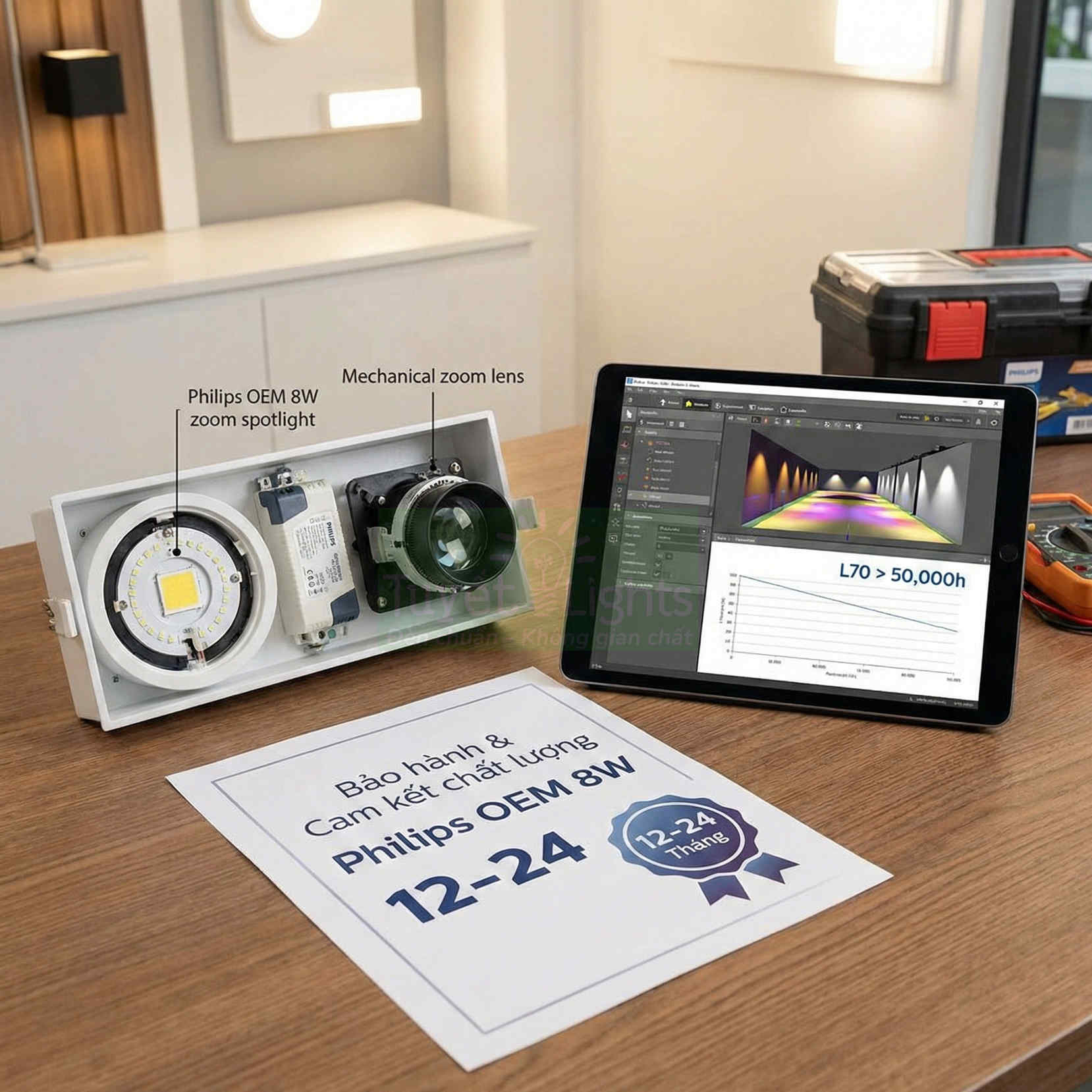 Đèn spotlight Philips OEM 8W với ống kính zoom cơ học đặt trên bàn cạnh máy tính bảng hiển thị đồ thị chiếu sáng
