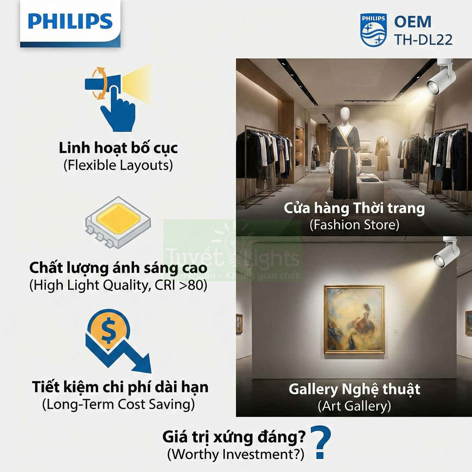 Đèn rọi ray Philips OEM TH DL22 chiếu sáng cửa hàng thời trang và gallery nghệ thuật, ánh sáng linh hoạt tiết kiệm chi phí