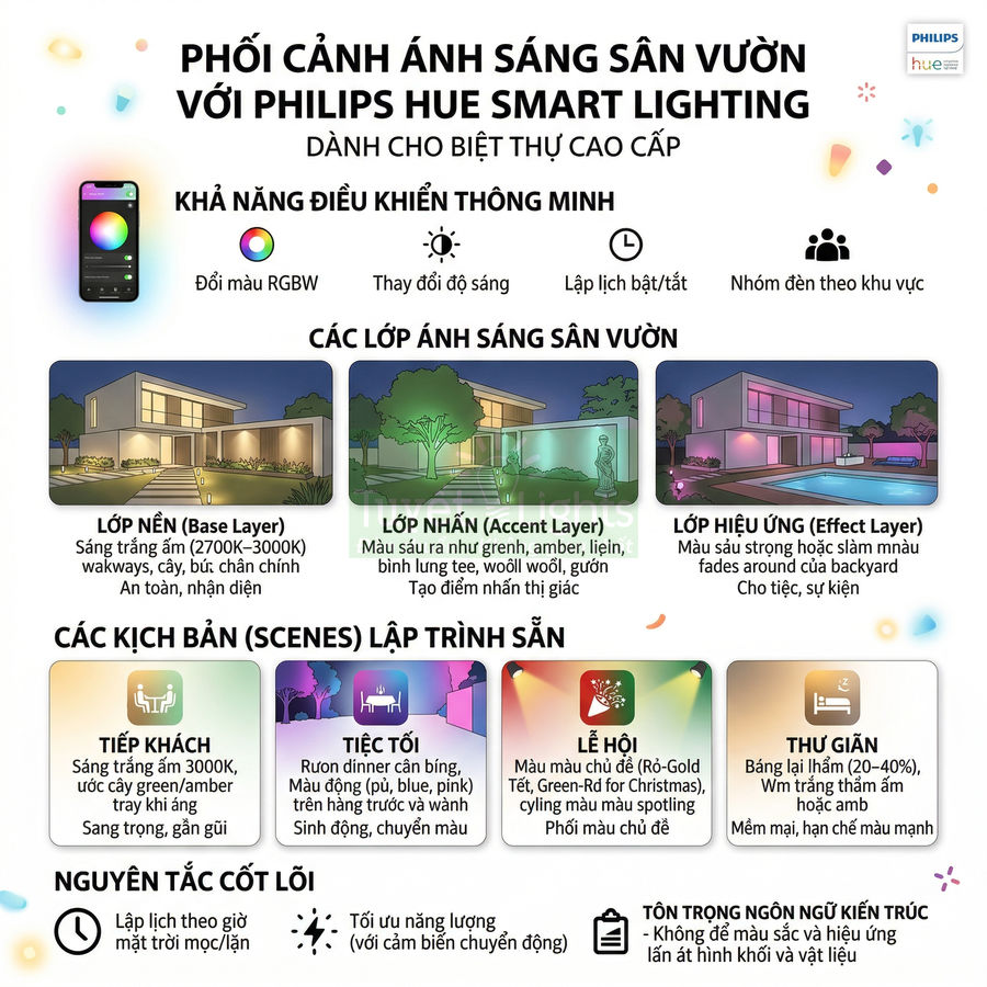 Infographic giới thiệu giải pháp chiếu sáng sân vườn biệt thự Philips Hue Smart Lighting với các lớp ánh sáng và kịch bản thông minh
