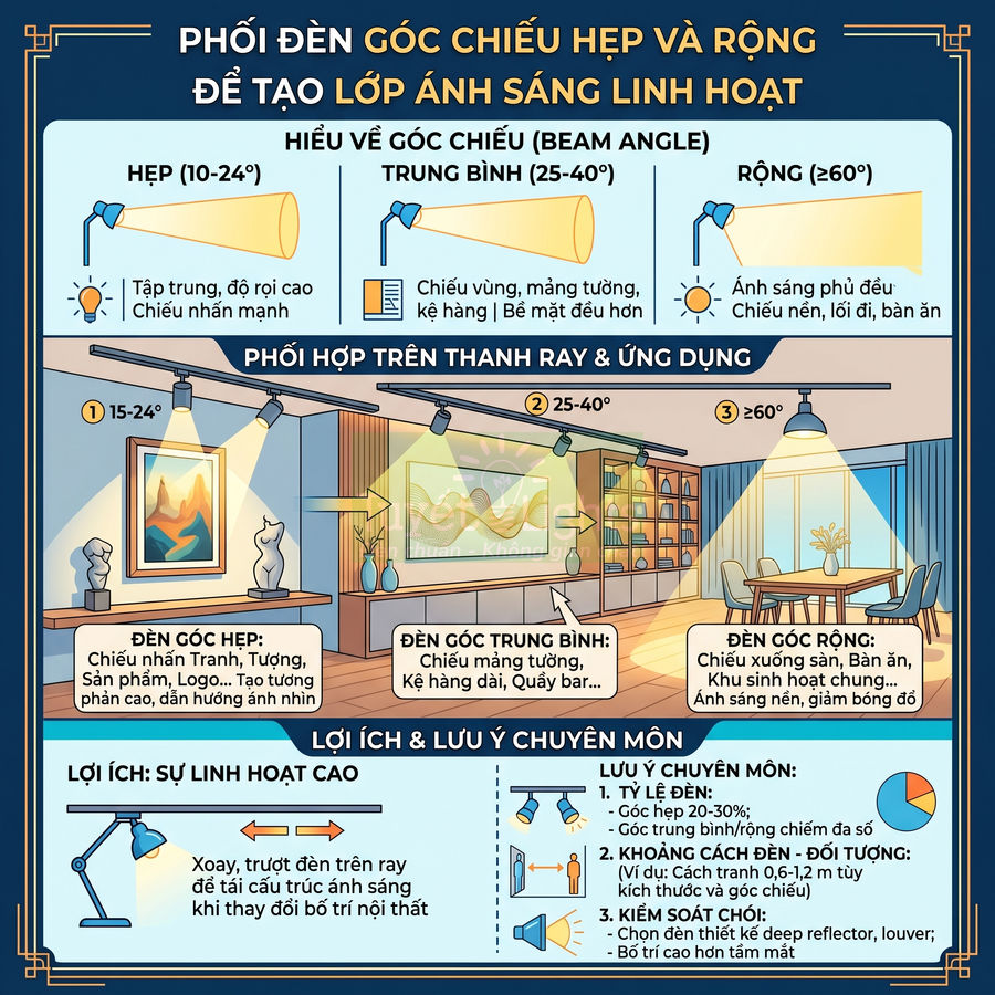 Infographic hướng dẫn phối hợp đèn rọi ray góc chiếu hẹp và rộng để tạo lớp ánh sáng linh hoạt trong nội thất
