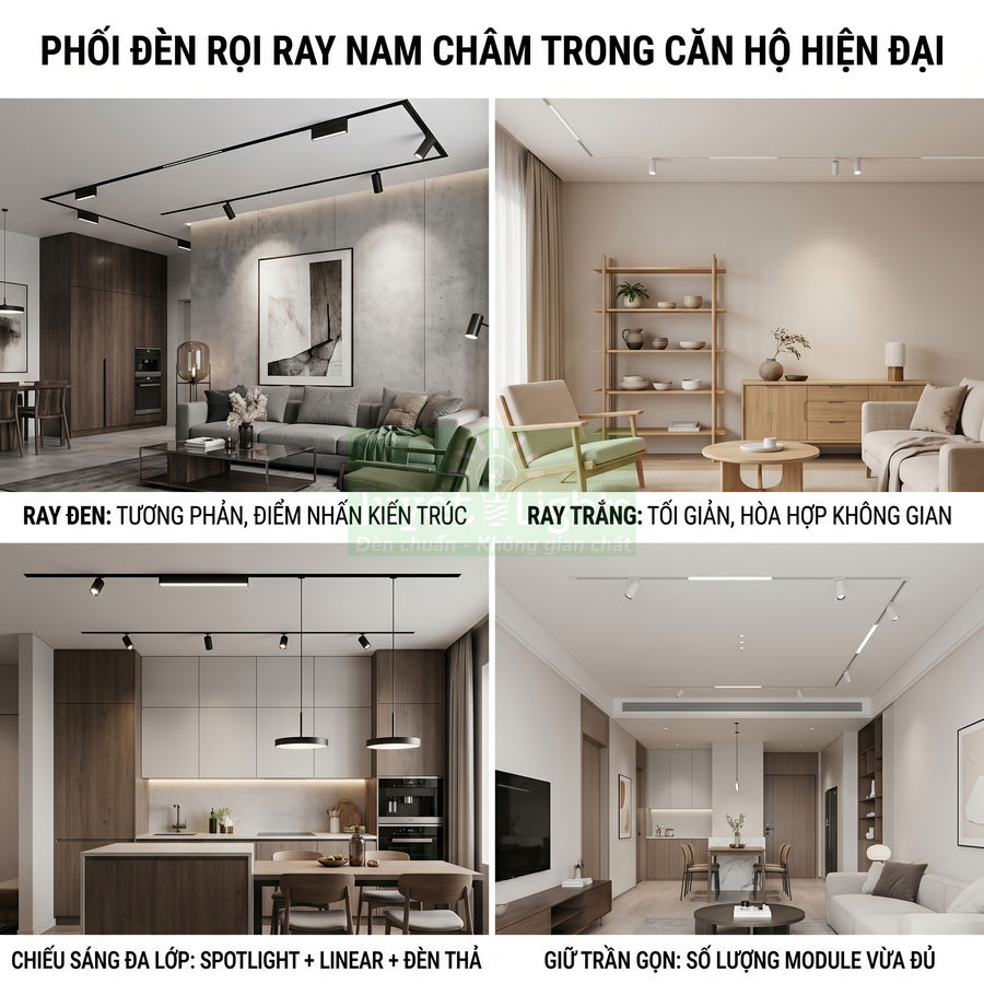 Đèn rọi ray nam châm đen và trắng lắp trần cho phòng khách bếp căn hộ hiện đại, chiếu sáng đa lớp
