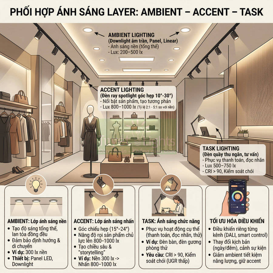Minh họa cửa hàng thời trang với hệ thống đèn ambient accent task lighting tối ưu trưng bày sản phẩm và khu vực thanh toán