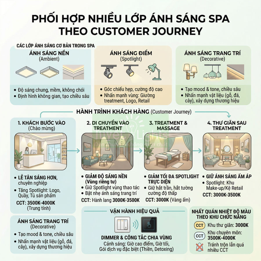Hướng dẫn phối hợp nhiều lớp ánh sáng spa theo hành trình khách hàng với minh họa khu vực và loại đèn