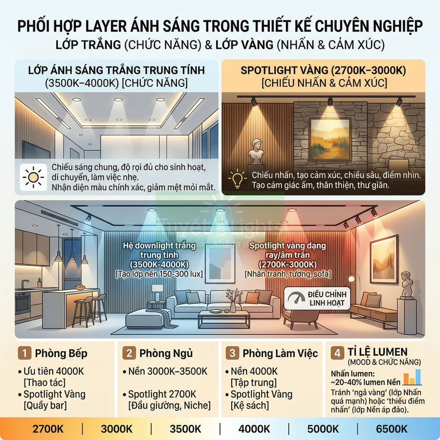 Hướng dẫn phối hợp ánh sáng trắng trung tính và spotlight vàng trong thiết kế chiếu sáng nội thất phòng bếp, ngủ, làm việc
