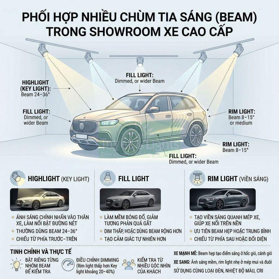 Minh họa cách bố trí đèn highlight, fill light và rim light chiếu sáng ô tô trong showroom xe cao cấp