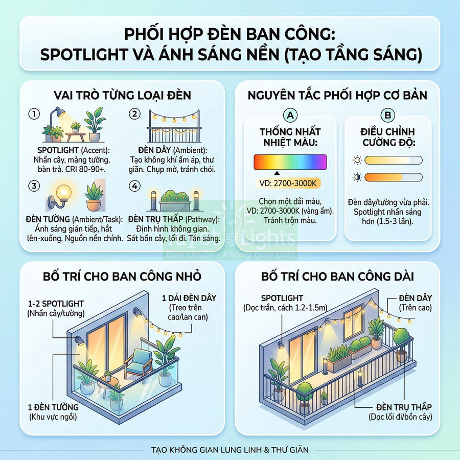 Hướng dẫn bố trí đèn spotlight, đèn dây và đèn tường cho ban công nhỏ và dài tạo ánh sáng thư giãn