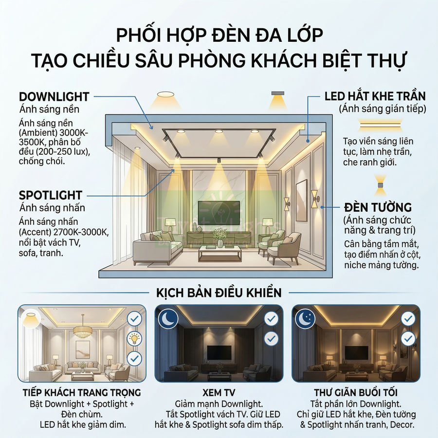 Phối hợp đèn downlight, spotlight, LED hắt khe trần và đèn tường tạo chiều sâu phòng khách biệt thự hiện đại