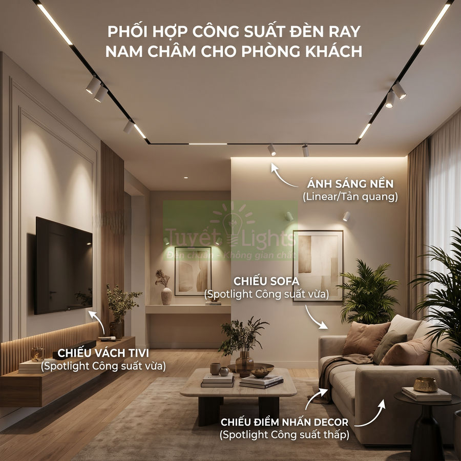 Phòng khách hiện đại sử dụng đèn ray nam châm và spotlight Tuyết Lights chiếu sofa, tivi và decor