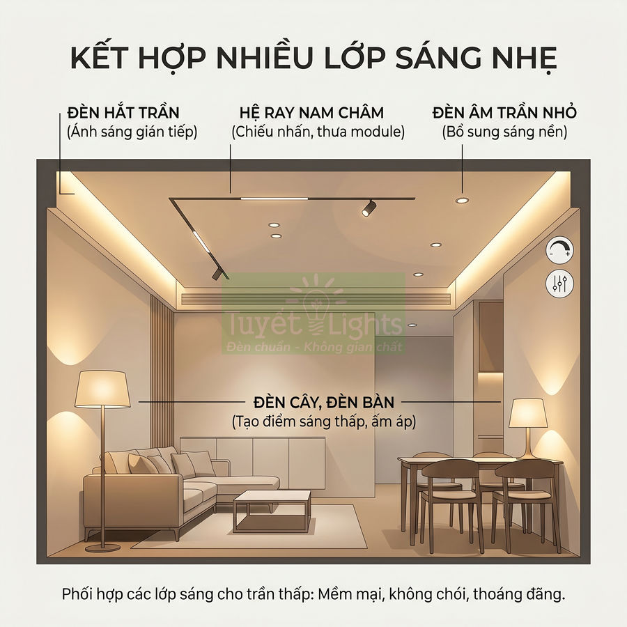 Phòng khách trần thấp dùng đèn hắt trần, đèn ray nam châm, đèn âm trần và đèn cây tạo ánh sáng mềm mại
