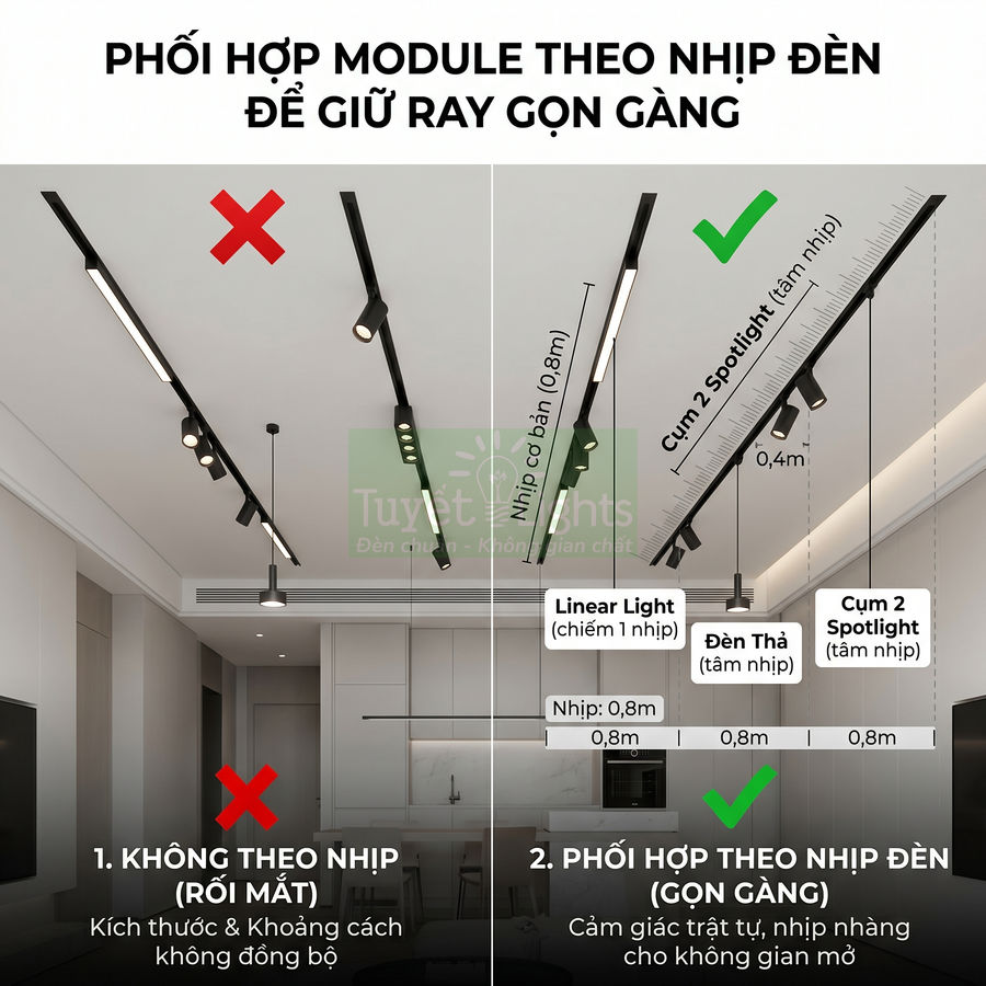 Hệ thống đèn ray nam châm với linear light, đèn thả và spotlight bố trí theo nhịp gọn gàng trong phòng khách bếp