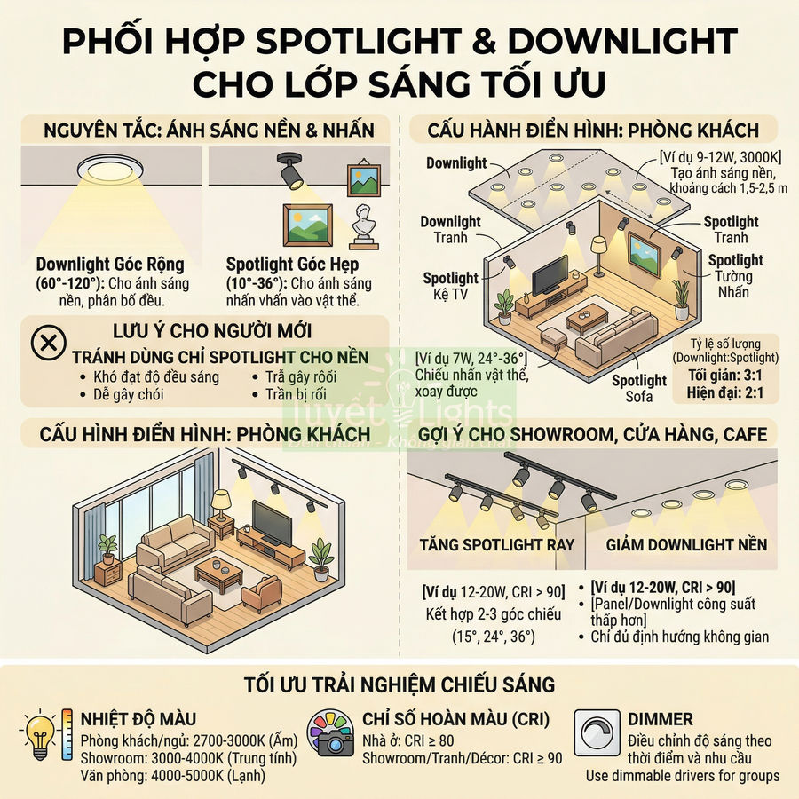 Infographic hướng dẫn phối hợp đèn spotlight và downlight cho phòng khách, showroom, cửa hàng, cafe