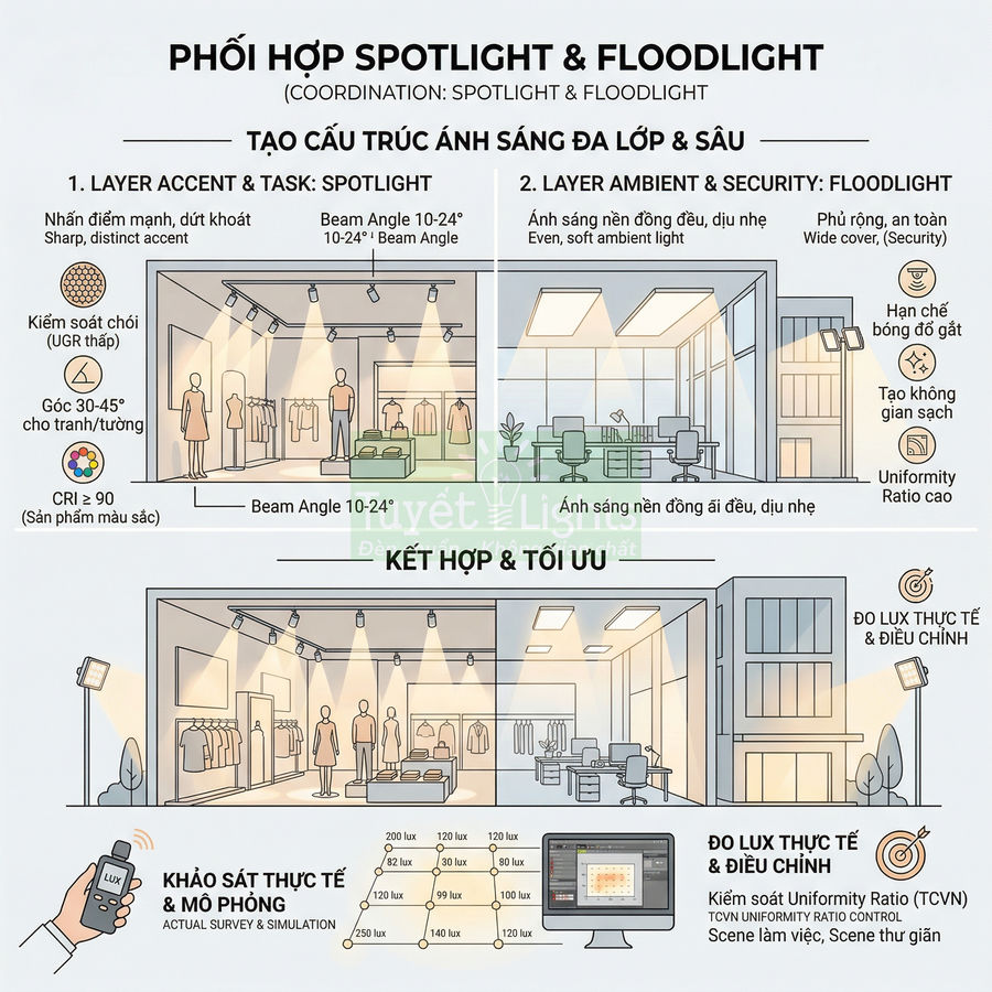 Minh họa giải pháp phối hợp đèn spotlight và floodlight cho cửa hàng thời trang và văn phòng
