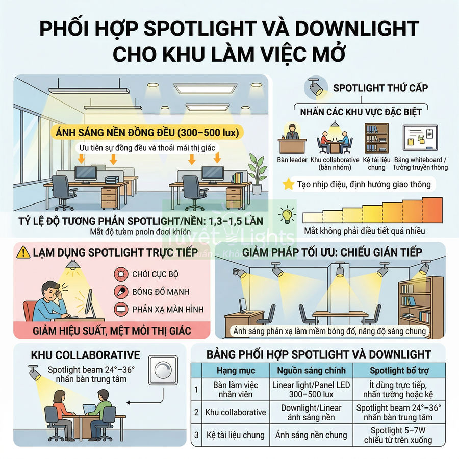 Infographic hướng dẫn phối hợp đèn spotlight và downlight cho khu làm việc mở, bàn làm việc và khu collaborative
