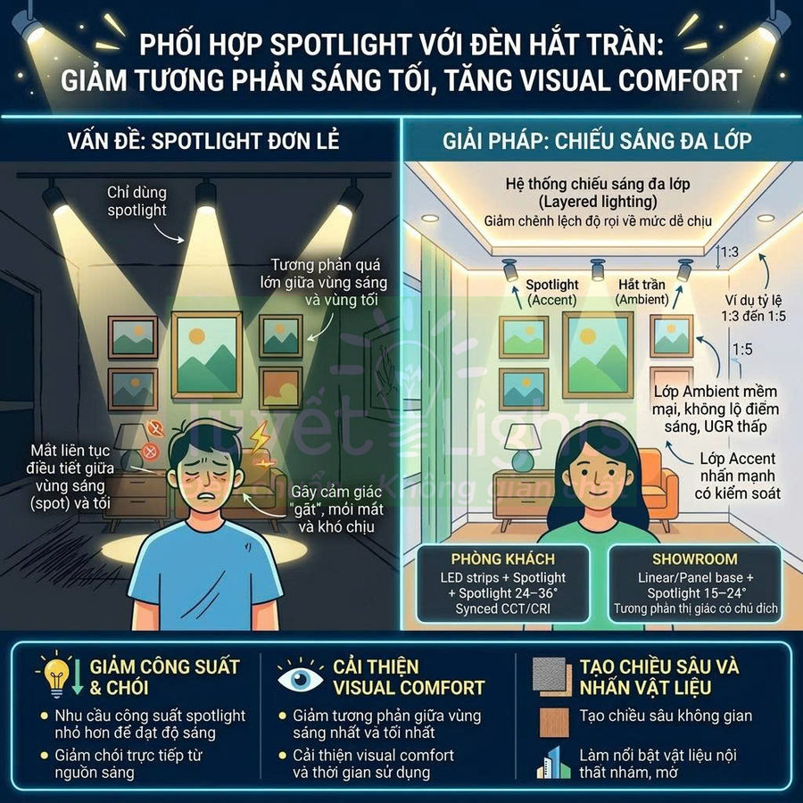 Infographic so sánh chiếu sáng spotlight đơn lẻ và kết hợp spotlight với đèn hắt trần trong phòng khách