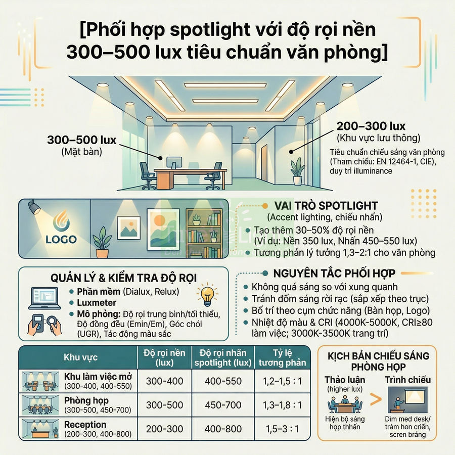 Infographic hướng dẫn phối hợp đèn spotlight với độ rọi nền 300 500 lux tiêu chuẩn chiếu sáng văn phòng