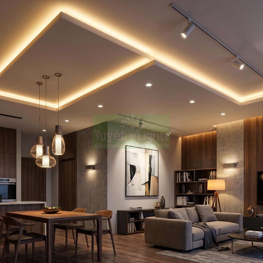 Đèn led âm trần và đèn thả trang trí phòng khách liền bếp hiện đại, nội thất gỗ ấm cúng