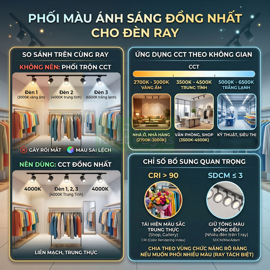 Hướng dẫn phối màu ánh sáng đồng nhất cho đèn ray, so sánh CCT, CRI và ứng dụng cho nhà ở, shop, siêu thị