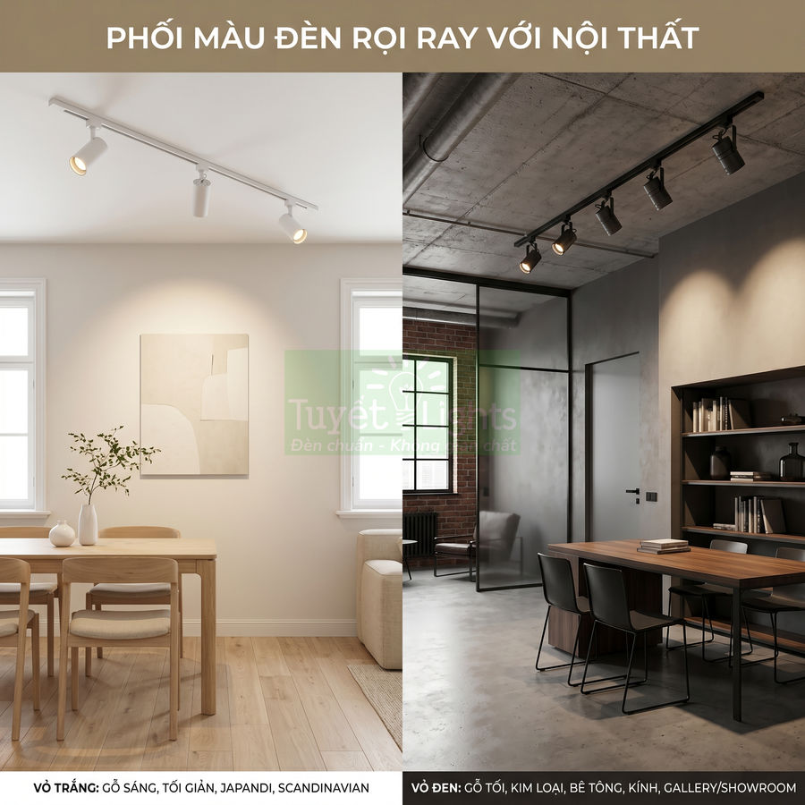 Đèn rọi ray trắng và đen lắp trần cho phòng ăn và phòng làm việc phong cách hiện đại