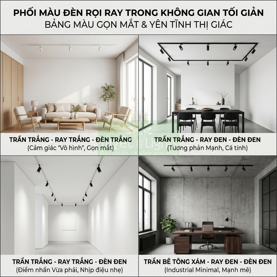 Đèn rọi ray trắng và đen lắp trần cho phòng khách, phòng ăn, gallery và văn phòng phong cách tối giản