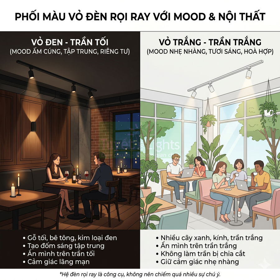 So sánh đèn rọi ray vỏ đen trần tối và vỏ trắng trần trắng trong không gian quán cà phê, nhà hàng