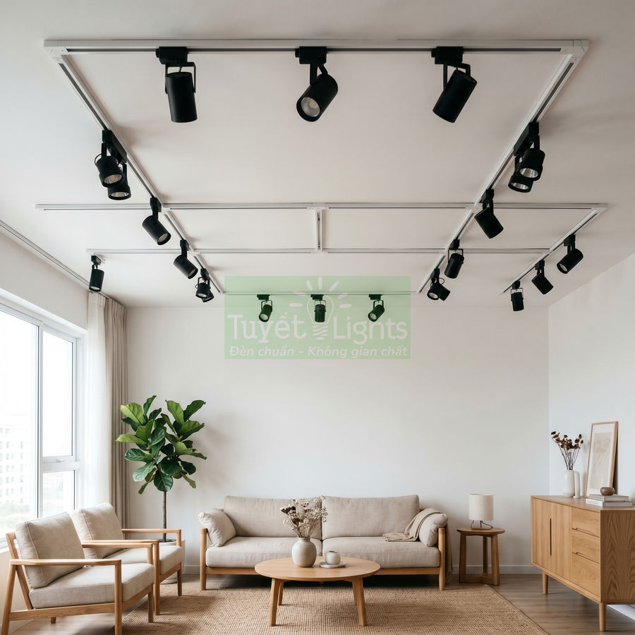 Đèn rọi ray trần nhà màu đen Tuyết Lights lắp trong phòng khách nội thất gỗ hiện đại