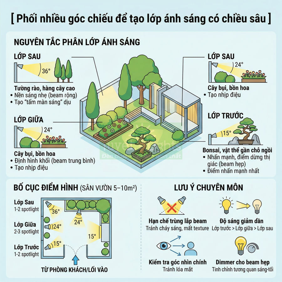 Minh họa bố trí đèn spotlight sân vườn nhiều lớp để tạo chiều sâu ánh sáng và điểm nhấn cây cảnh