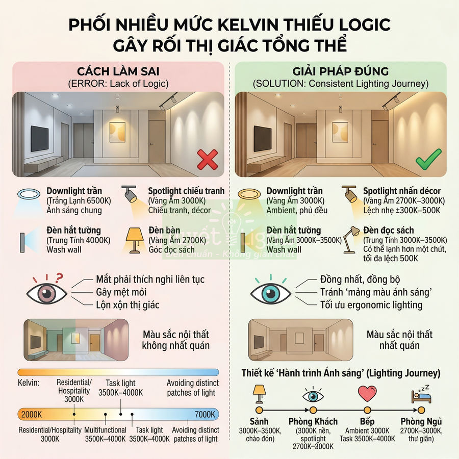 Infographic so sánh cách phối nhiệt độ màu Kelvin sai và đúng cho hệ thống đèn chiếu sáng nội thất