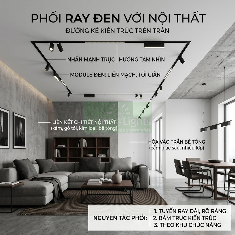 Đèn ray đen lắp trần cho phòng khách và phòng ăn phong cách hiện đại, tông xám tối giản