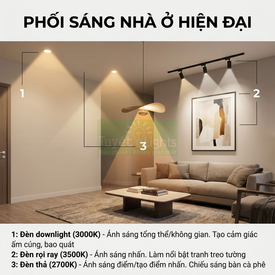 Phối sáng phòng khách hiện đại với đèn downlight, đèn rọi ray và đèn thả trang trí trên bàn cà phê