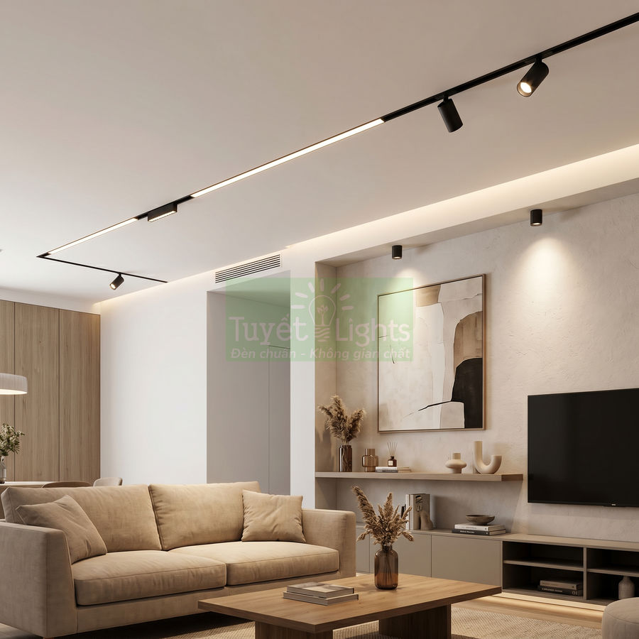 Đèn rọi ray âm trần Tuyết Lights chiếu sáng phòng khách hiện đại với sofa và kệ tivi