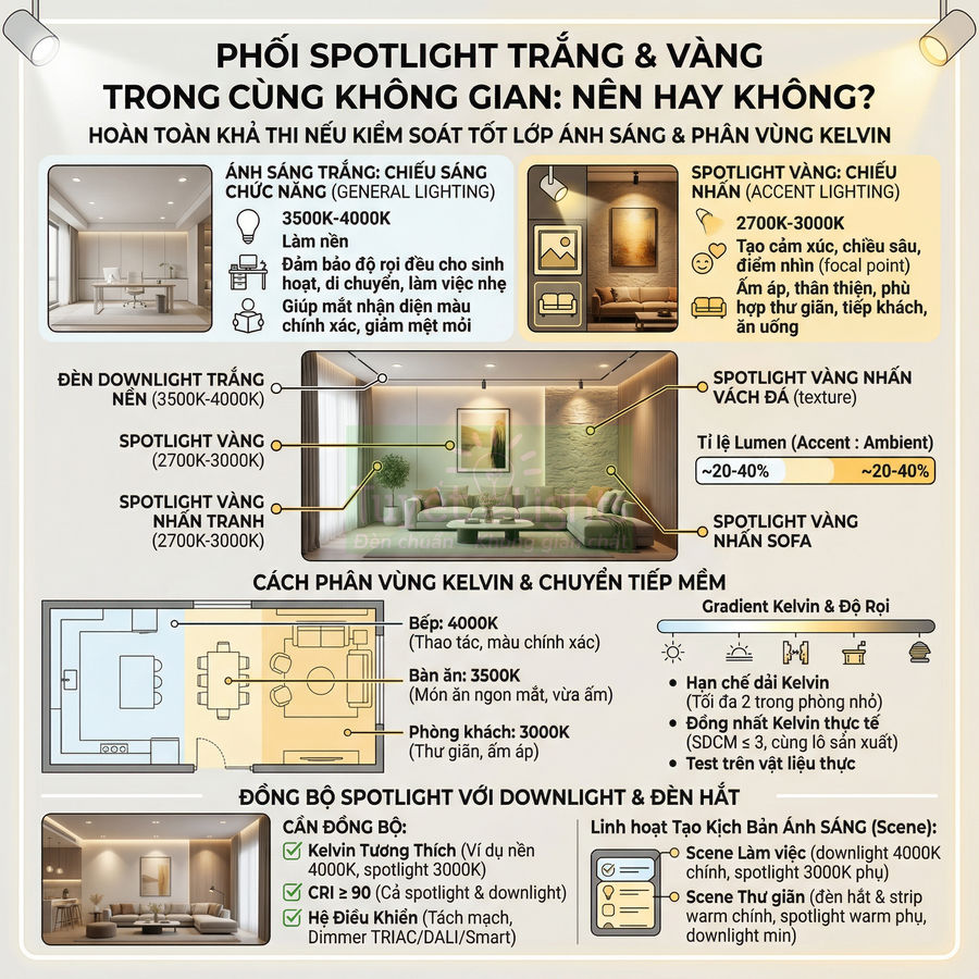 Infographic hướng dẫn phối đèn spotlight trắng và vàng trong phòng khách, bếp, bàn ăn với nhiệt độ màu Kelvin khác nhau
